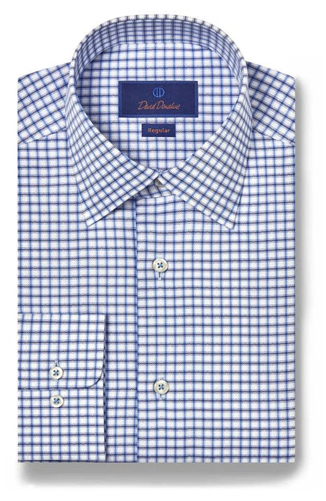 David Donahue Regular Fit Dobby Herringbone Check Dress Shirt White/Blue at Nordstrom, 