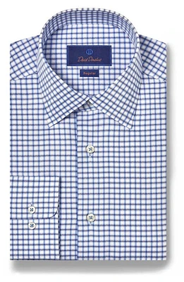 David Donahue Regular Fit Dobby Herringbone Check Dress Shirt White/Blue at Nordstrom, 