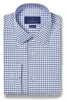 David Donahue Regular Fit Dobby Herringbone Check Dress Shirt White/Blue at Nordstrom, 