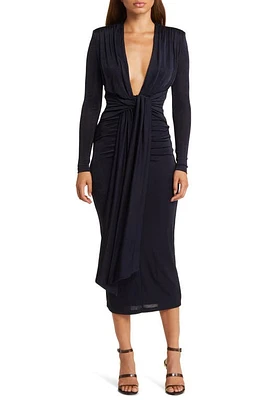 MISHA COLLECTION Francis Long Sleeve Plunge Neck Midi Dress Navy at Nordstrom,