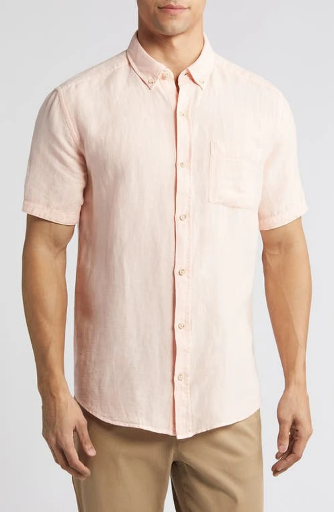 Johnston & Murphy Antique Dyed Linen Blend Short Sleeve Button-Down Shirt Melon at Nordstrom, R