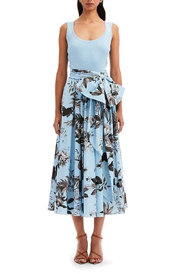 Oscar de la Renta Fauna Floral Mixed Media Tie Waist Dress Black/Light Blue at Nordstrom,