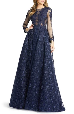 Mac Duggal Embellished Lace Long Sleeve Ball Gown Midnight at Nordstrom,