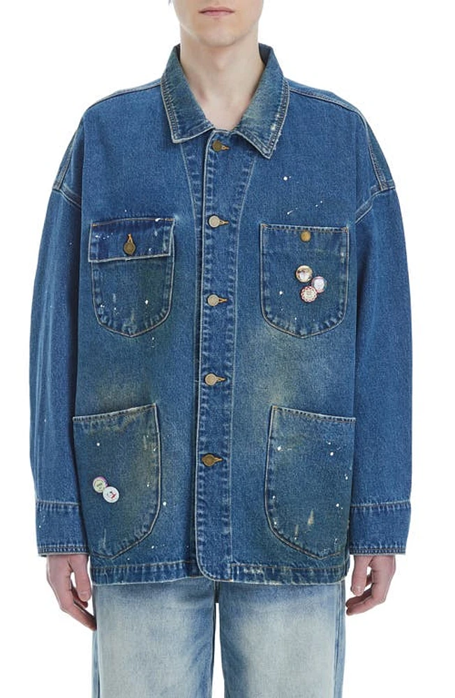 FOUND Distressed Denim Painter Jacket Sand Washed Blue at Nordstrom,