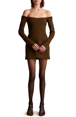 Khaite Octavia Off the Shoulder Long Sleeve Wool Crepe Minidress Peat Moss at Nordstrom,