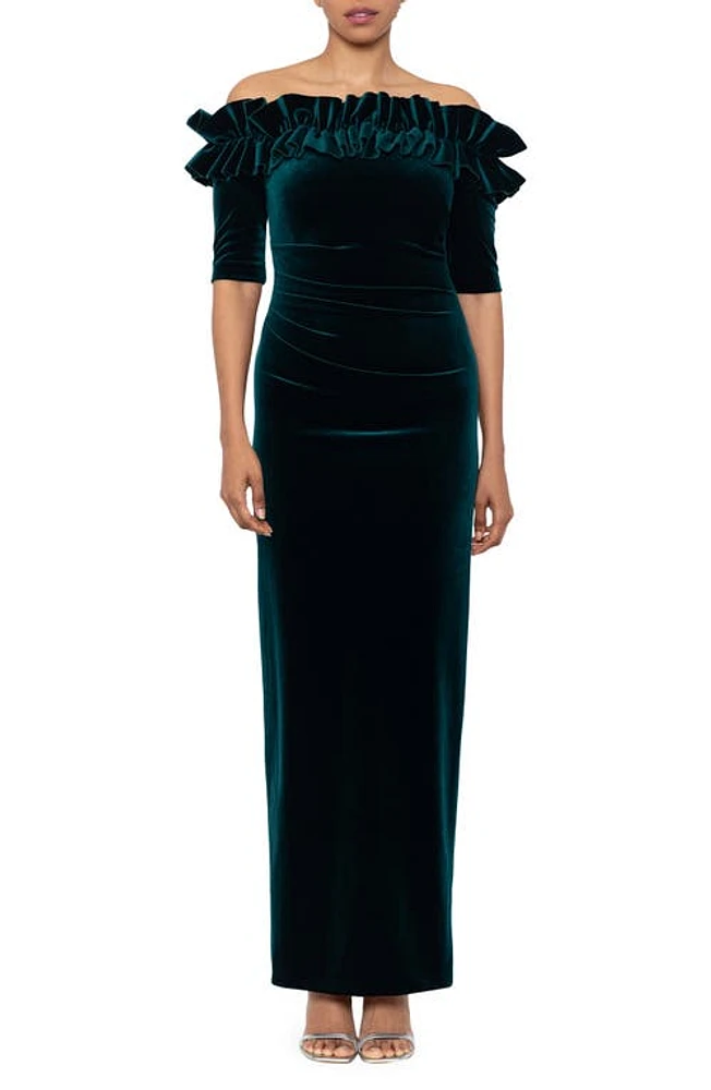 Xscape Evenings Ruffle Off the Shoulder Velvet Sheath Gown in Hunter at Nordstrom, Size 6