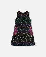 Deux Par Deux Girl's Black Printed Dress With Mesh Flower Pockets in Black With Metallic Flower at Nordstrom