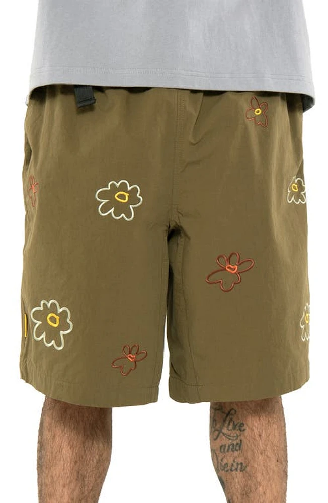 Round Two Floral Embroidered Cotton & Nylon Shorts Olive at Nordstrom,