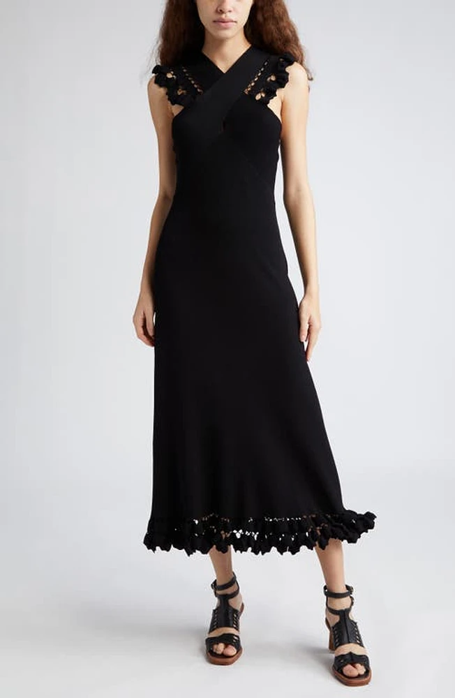 Ulla Johnson Fiora Cutwork Detail Rib Midi Dress in Noir at Nordstrom, Size Large