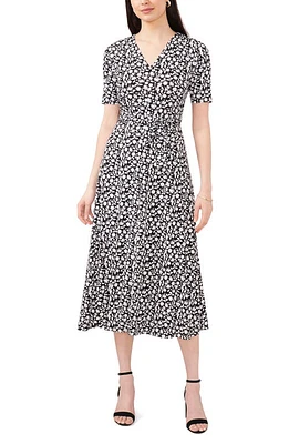 Chaus Floral Belted V-Neck Midi Dress in Black/White at Nordstrom, Size Small