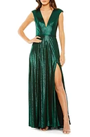 Ieena for Mac Duggal Plunge Neck Metallic Cap Sleeve Gown Emerald at Nordstrom,