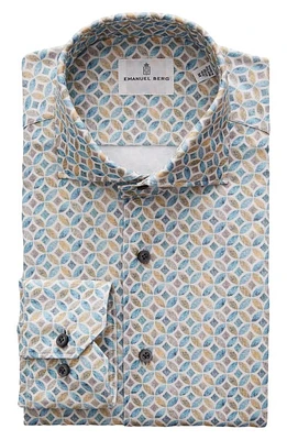 Emanuel Berg 4Flex Modern Fit Medallion Print Knit Button-Up Shirt Turquoise at Nordstrom,