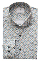 Emanuel Berg 4Flex Modern Fit Medallion Print Knit Button-Up Shirt Turquoise at Nordstrom,