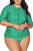 Artesands Linear Perspective Seurat Sunsafe Zip Front Rashguard in Green at Nordstrom, Size 20 Us