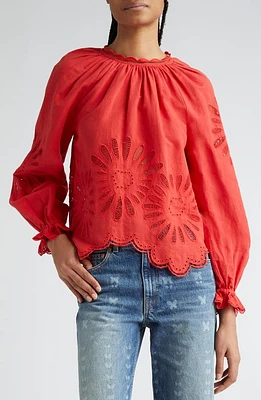 Ulla Johnson Louisa Eyelet Ruffle Linen Blend Top Poppy at Nordstrom,