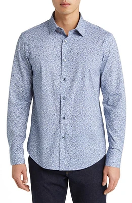 Bugatchi James OoohCotton Leaf Print Button-Up Shirt in Night Blue at Nordstrom, Size Xx-Large