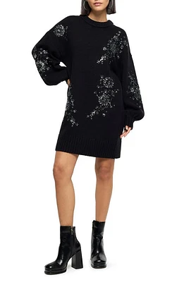 River Island Jessie Crystal Floral Embellished Long Sleeve Sweater Dress Black at Nordstrom,