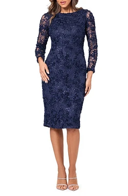 Xscape Evenings Floral Long Sleeve Sequin Lace Midi Cocktail Dress at Nordstrom,