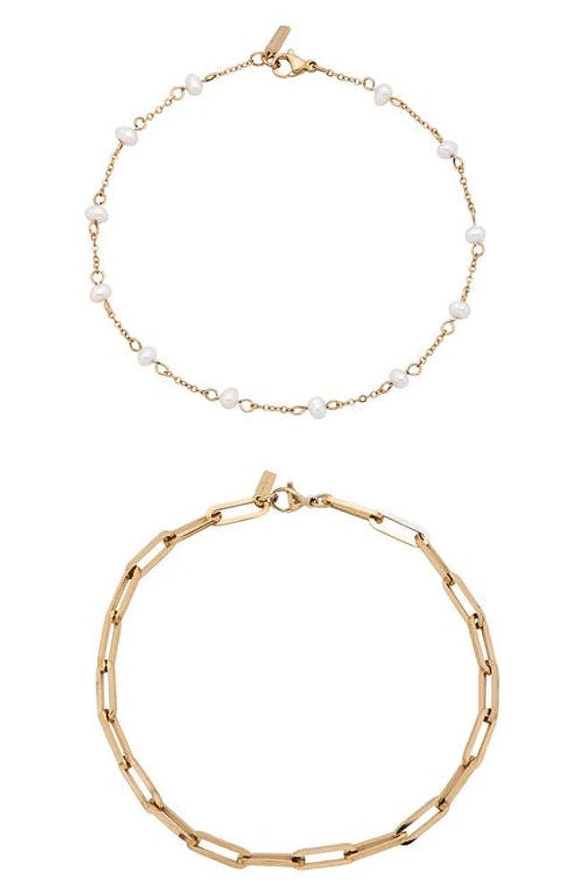 st. Moran Set of 2 Freshwater Pearl & Paper Clip Chain Anklets in White at Nordstrom