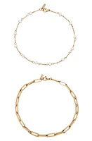 st. Moran Set of 2 Freshwater Pearl & Paper Clip Chain Anklets in White at Nordstrom