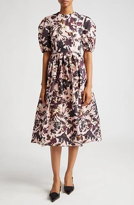 Erdem Floral Print Pleated Taffeta A-Line Midi Dress Shell Pink at Nordstrom, Us