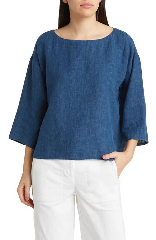 Eileen Fisher Boxy Bateau Neck Organic Linen Top Atlantis at Nordstrom,