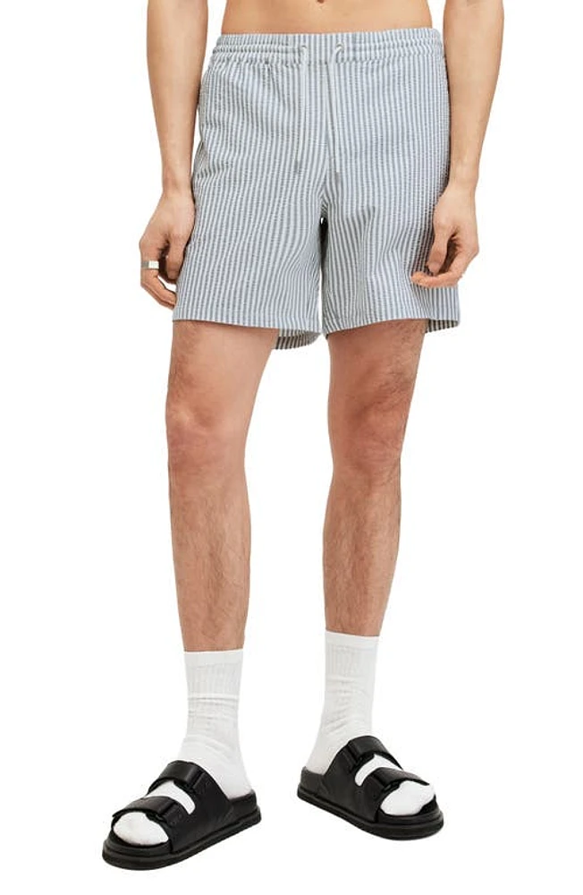 AllSaints Warden Stripe Swim Trunks in White/Grey at Nordstrom, Size Xx-Large