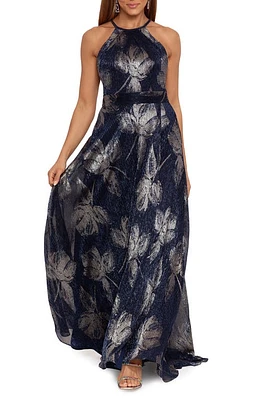 Betsy & Adam Metallic Sleeveless Gown Navy/Gun at Nordstrom,