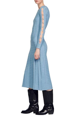 sandro Saje Metallic Long Sleeve Midi Dress Sky Blue at Nordstrom,