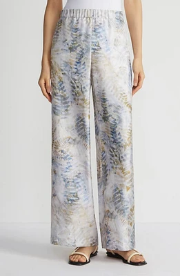 Lafayette 148 New York Riverside Fern Print Silk Twill Wide Leg Pants Bluestone Multi at Nordstrom,