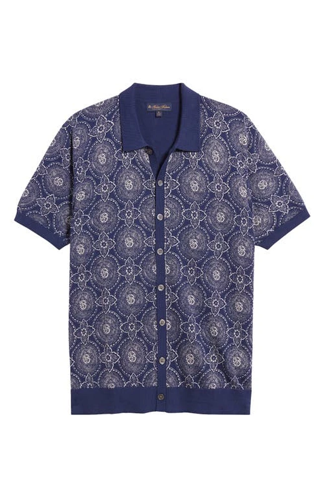 Brooks Brothers Medallion Print Short Sleeve Cotton Cardigan Indigo/White at Nordstrom,