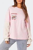 EDIKTED Racing Oversize Mixed Media Long Sleeve Cotton Graphic T-Shirt Light-Pink at Nordstrom,