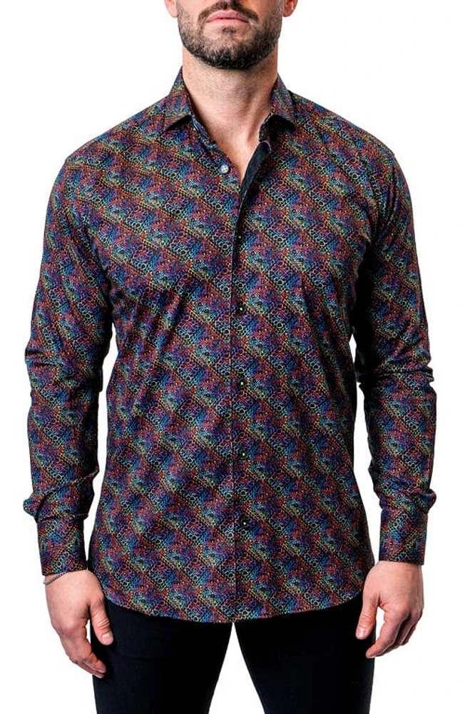 Maceoo Einstein Diamond Medallion Contemporary Fit Button-Up Shirt Blue Multi at Nordstrom,