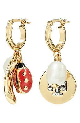 Tory Burch Mismatched Imitation Pearl Hoop Earrings in Tory Gold /Cream /Crystal at Nordstrom