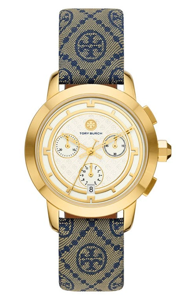 Tory Burch T-Monogram Chronograph Textile Strap Watch, 37mm in Navy Luggage at Nordstrom