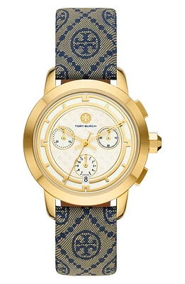 Tory Burch T-Monogram Chronograph Textile Strap Watch, 37mm in Navy Luggage at Nordstrom