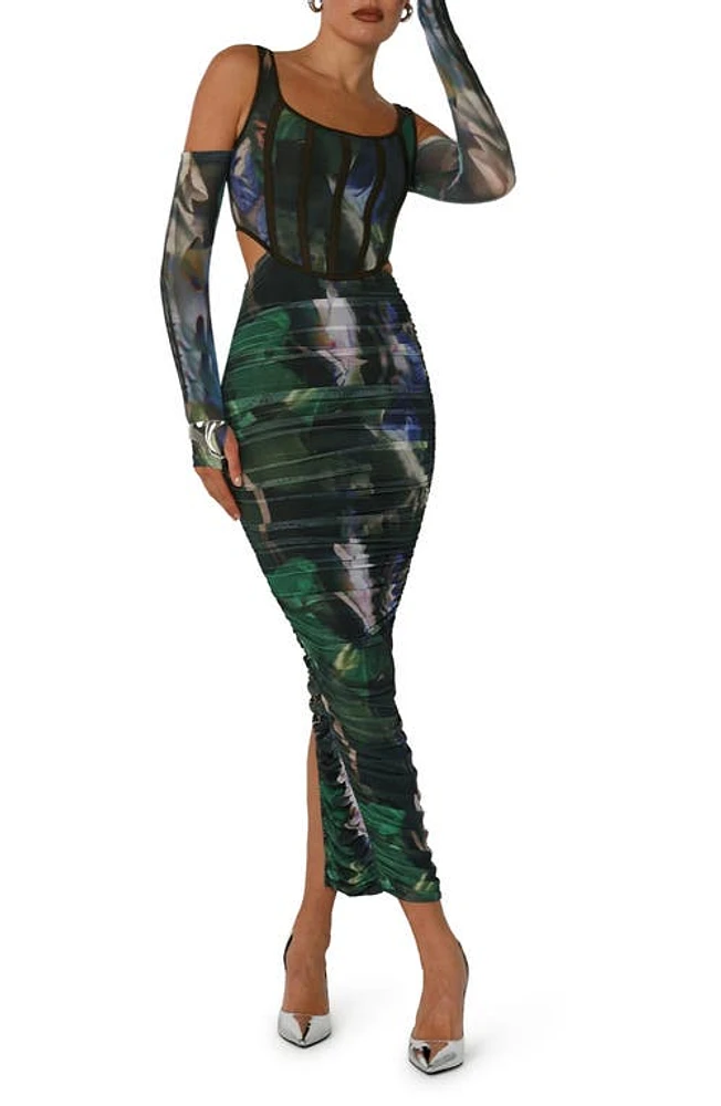 BY. DYLN Aria Abstract Print Cold Shoulder Long Sleeve Mesh Dress Green at Nordstrom,