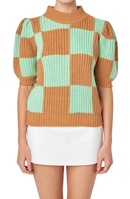 English Factory Check Pattern Short Sleeve Shaker Stitch Sweater Brown Green at Nordstrom,