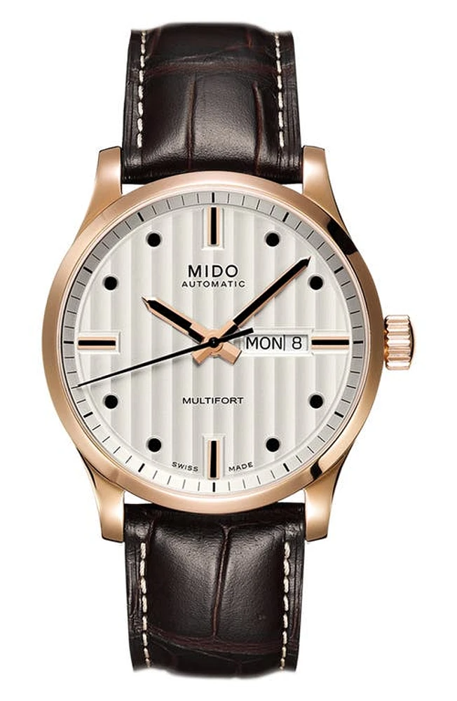 MIDO Multifort Automatic Leather Strap Watch, 42mm in Silver at Nordstrom