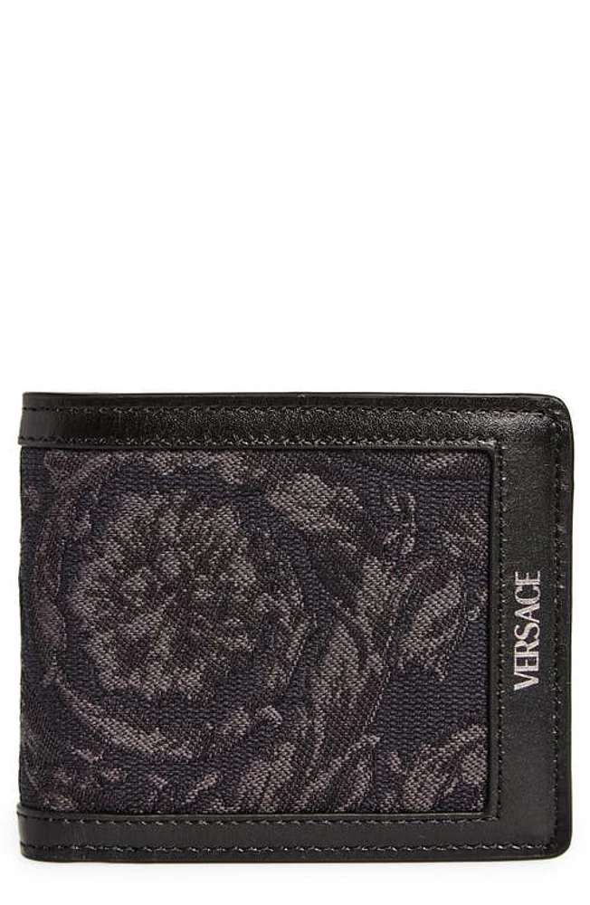 Versace Floral Jacquard & Leather Bifold Wallet in Black Black Ruthenium at Nordstrom