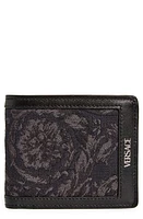 Versace Floral Jacquard & Leather Bifold Wallet in Black Black Ruthenium at Nordstrom