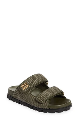 Miu Raffia Double Band Slide Sandal Olive at Nordstrom,