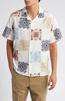 Wax London Didcot Relaxed Fit Short Sleeve Cotton & Linen Notched Collar Camp Shirt Cream Multi at Nordstrom,