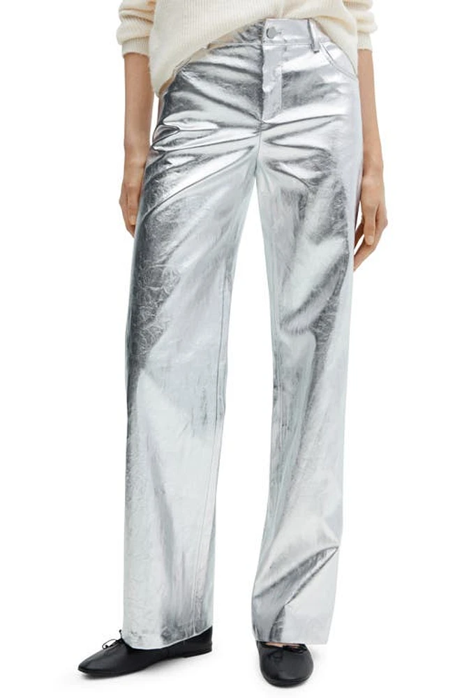 MANGO Metalllic Wide Leg Pants Silver at Nordstrom,