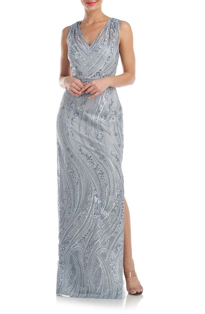 JS Collections Rosalynn Embroidered Floral V-Neck Column Gown Silver at Nordstrom,