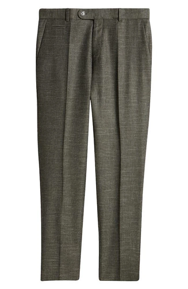 BOSS Genius Flat Front Slub Wool Blend Dress Pants Dark Green at Nordstrom, X R