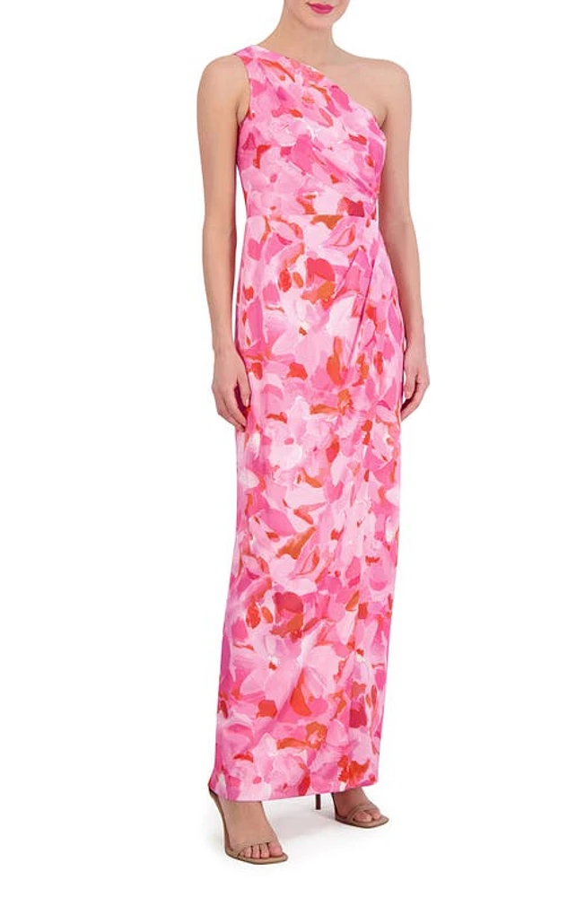 Vince Camuto Floral One-Shoulder Satin Sheath Gown Bright Fuschia at Nordstrom,