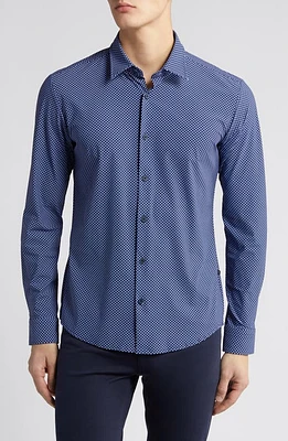 BOSS Roan Geo Print Button-Up Shirt Navy at Nordstrom,