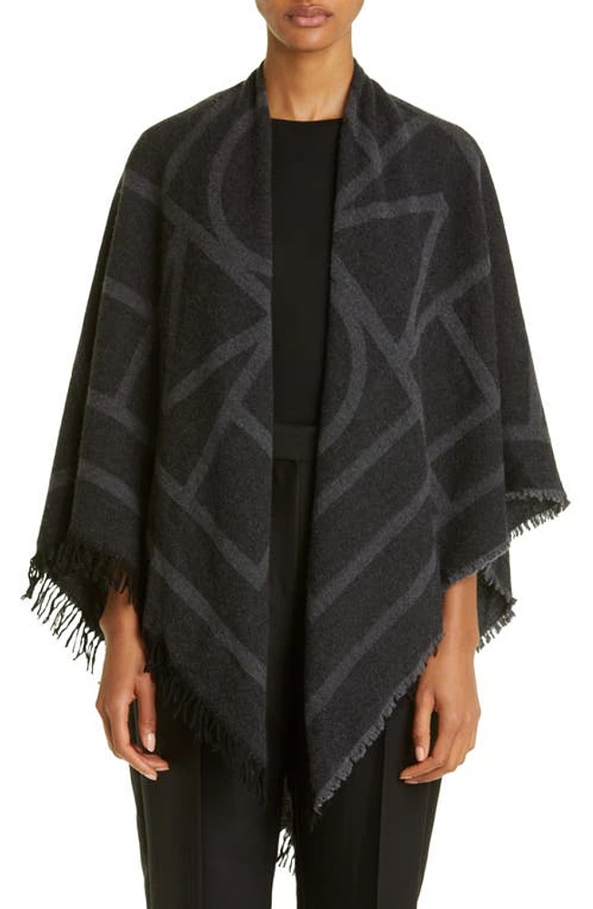 TOTEME Monogram Wool & Cashmere Fringe Scarf in Dark Grey Monogram at Nordstrom