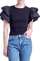 English Factory Mix Media Ruffle Sleeve Cotton Rib Top at Nordstrom,